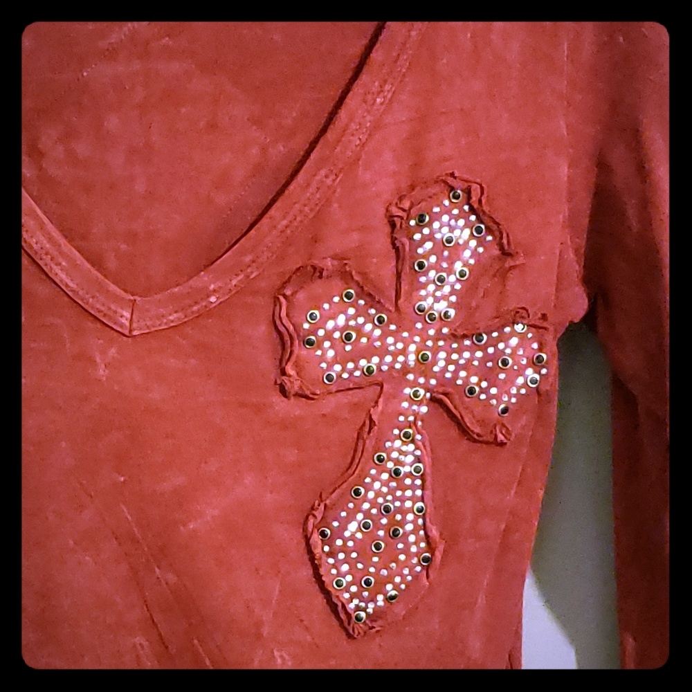 Women's Urban X - Burgundy Studded Cross V-Neck To